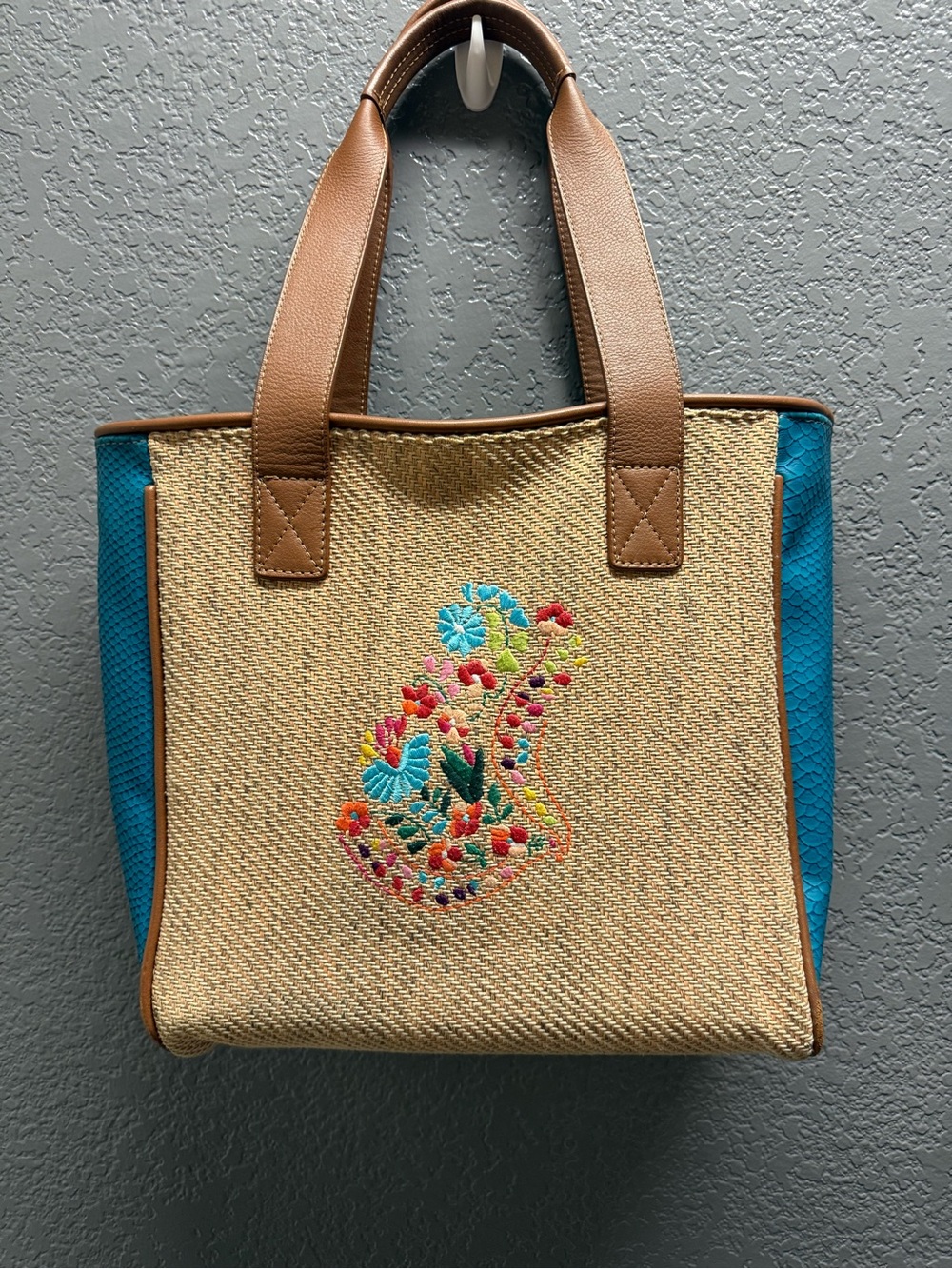 Consuela Canvas Bon Voyage Tote with Turquoise Sides and Brown Handles